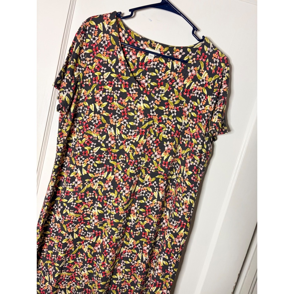 J. Jill Floral Maxi Dress Womens Large Gray Pink V-Neck Short Sleeve Knit